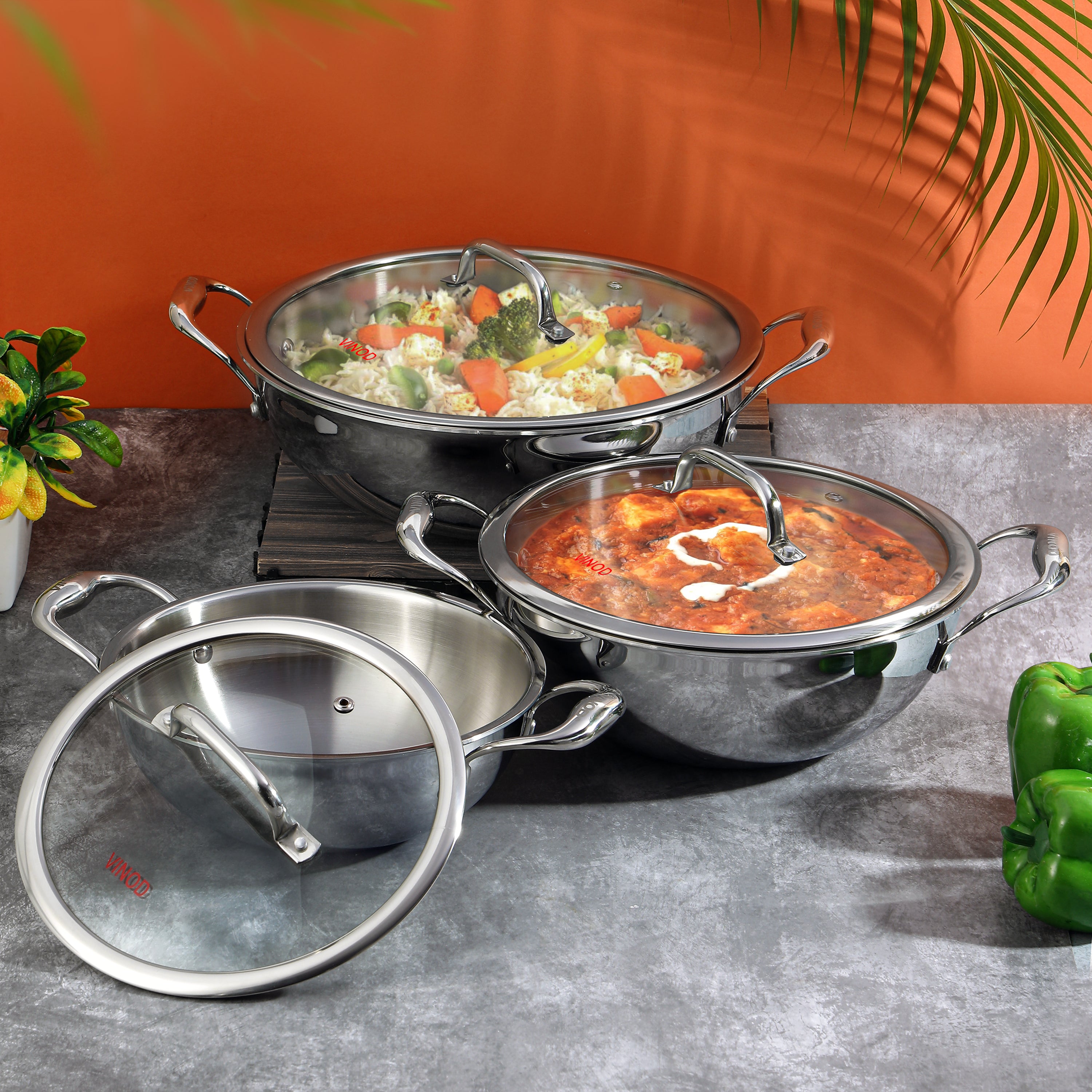 Vinod Platinum Triply Stainless Steel Extra Deep Kadai with Lid